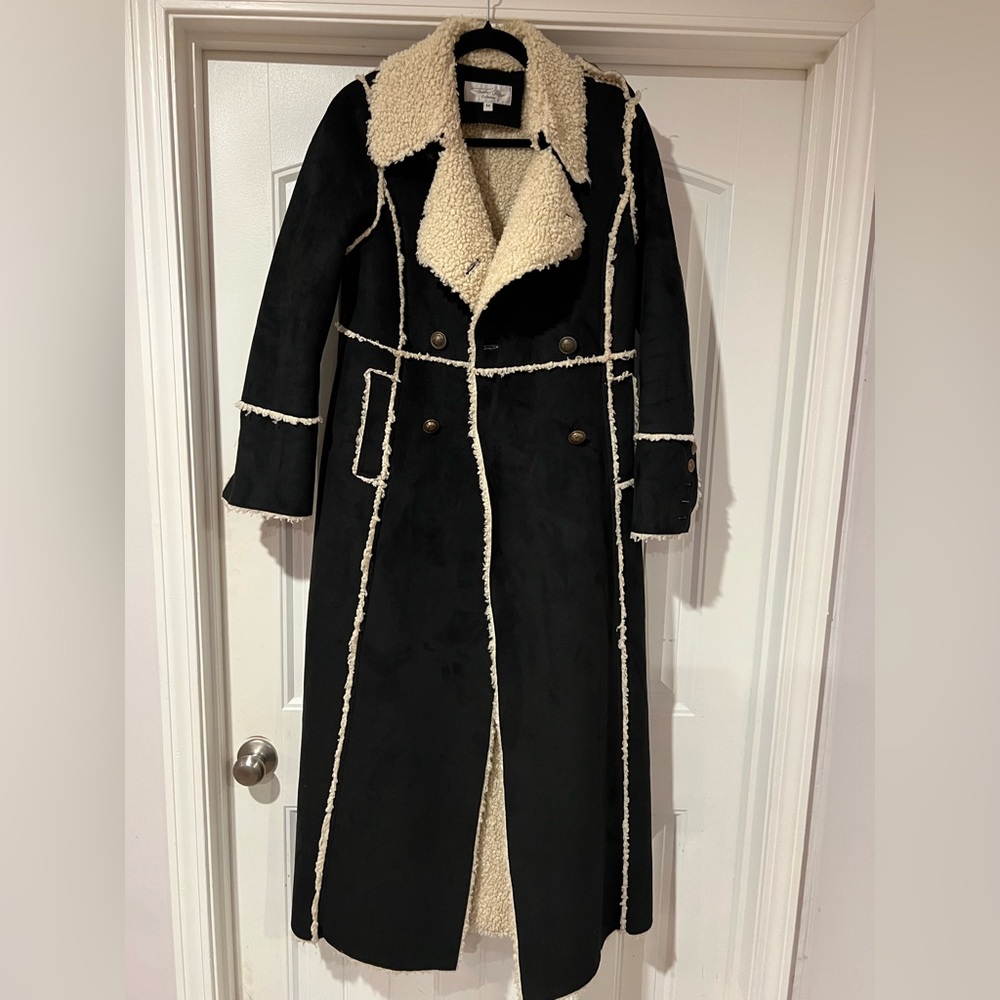 Tasha Polizzi Long Shearing Coat, Black Faux Suede size M